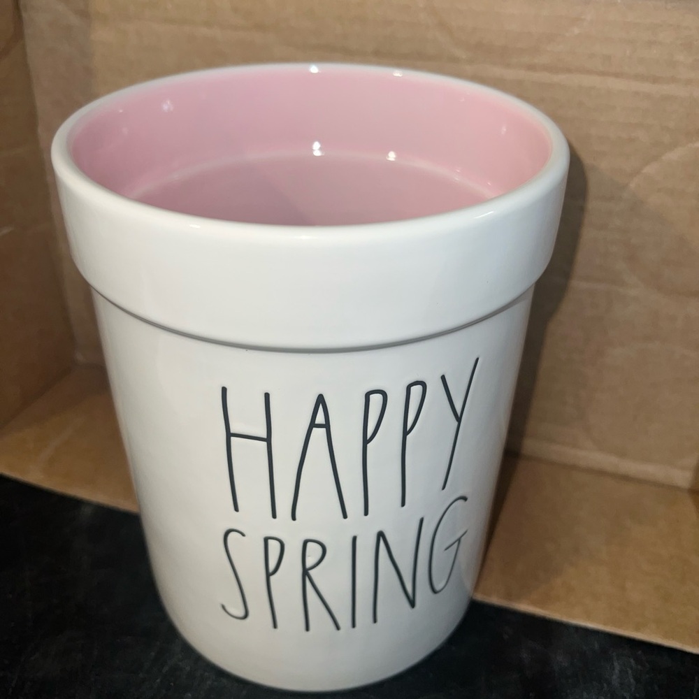 Pink and White 'Happy Spring' Ceramic Planter/Utensil Crock